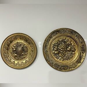 Set of Two Fruit Themed Brass Wall-Hanging Plates Home Art Decor England